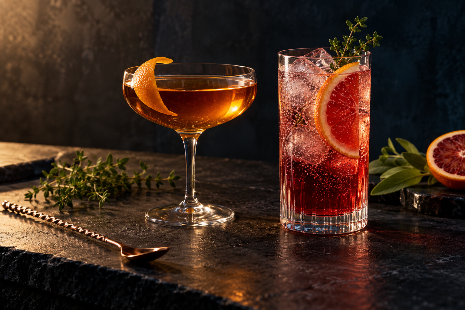 An amber citrus cocktail and a ruby zero-proof spritz arranged with fresh citrus and herbs